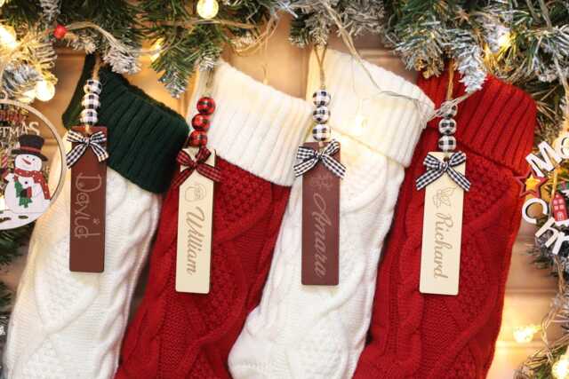 Personalized Wooden Sign Christmas Stockings, Custom Name Knitted Family Keepsake - image 1