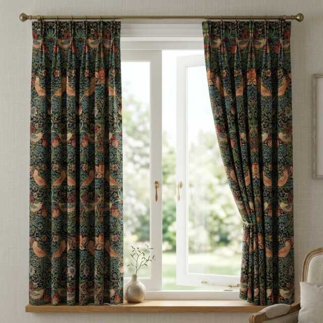 Custom Made William Morris Strawberry Thief Black Blackout/Lining Curtains Pinch /Triple Pleat - image 1
