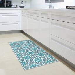 Blue & Turquoise Vinyl Kitchen Rug, With Moroccan Tiles Design. Kitchen Decor, Blue Floor Mat, Pet Door Mat - thumbnail 3