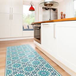 Blue & Turquoise Vinyl Kitchen Rug, With Moroccan Tiles Design. Kitchen Decor, Blue Floor Mat, Pet Door Mat - thumbnail 1