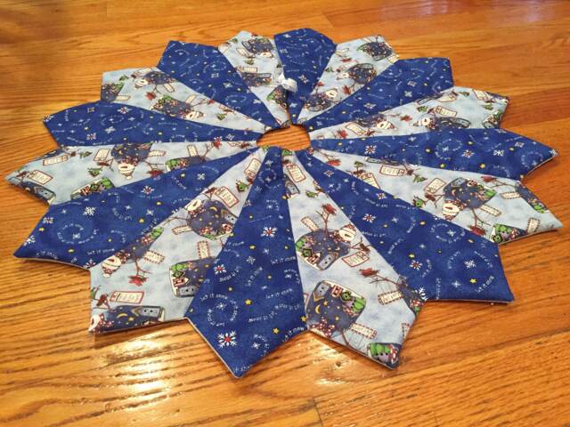 Christmas Tree Skirt, Table Top, Mini, Blue, Snowman, Snowflake, Quilted, Vintage Fabric, Blue - image 1