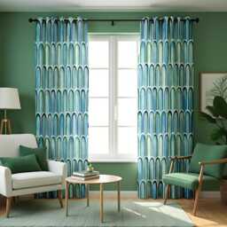 Retro Blue Green Curtains, Geometric Arch Pattern Drapes, Mid Century Modern Window Panels, Custom Size Bold Living Room Decor - thumbnail 1
