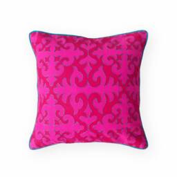 Shyrdak Bright Pink Cotton Pillow Cover, Moroccan Print With Piping & Embroidery, 100%