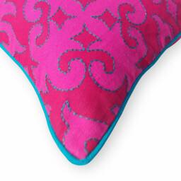 Shyrdak Bright Pink Cotton Pillow Cover, Moroccan Print With Piping & Embroidery, 100% - thumbnail 3