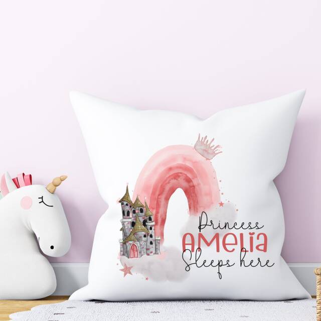 Personalised Princess Castle Cushion, Girls Bedroom Accessory, Cushion For Nursery, Pink Rainbow Gift, Birthday Gift - image 1
