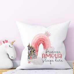 Personalised Princess Castle Cushion, Girls Bedroom Accessory, Cushion For Nursery, Pink Rainbow Gift, Birthday Gift - thumbnail 1