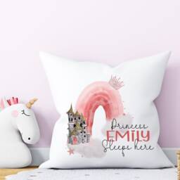 Personalised Princess Castle Cushion, Girls Bedroom Accessory, Cushion For Nursery, Pink Rainbow Gift, Birthday Gift - thumbnail 3