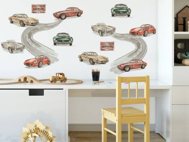 Wall Stickers With Retro Cars Road Watercolor Vintage Cars Wall Sticker