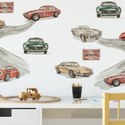 Wall Stickers With Retro Cars Road Watercolor Vintage Cars Wall Sticker - thumbnail 2