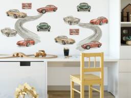 Wall Stickers With Retro Cars Road Watercolor Vintage Cars Wall Sticker - thumbnail 1