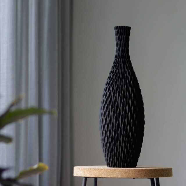 Floor Vase Aqua - Matte Black Modern Design With Wavy Surface Lightweight 3D Printed From Recycled Bioplastic 50/60 cm Tall - image 1