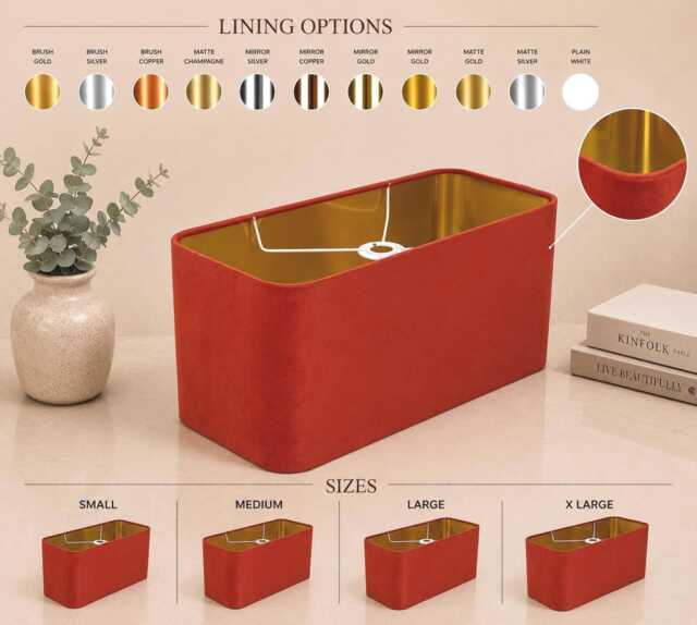 New Made To Order Deep Pumpkin Orange Velvet Lamp Shade & Pendant Light Rounded Rectangular Shape Metallic Panels Lining - image 1