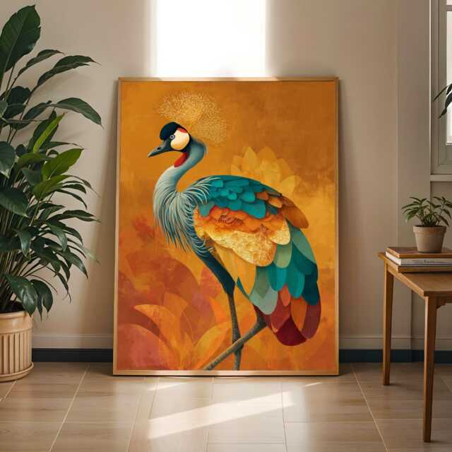 Crowned Crane Art Print Colorful Bird Illustration - Poster Only - image 1