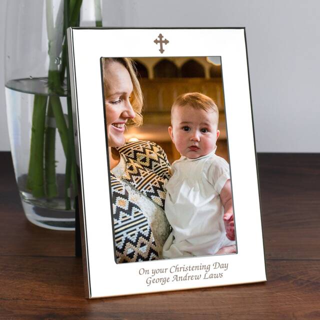 Personalised Silver Plated 5x7 Cross Photo Frame For Christenings Baptisms Baby Gifts Ideas Boys Or Girls Holy Communion First 4x6 - image 1