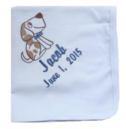 Blue Cotton Interlock Baby Blanket With Puppy Dog Embroidery & Personalized