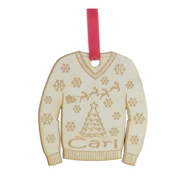 Personalised Engraved Wooden Christmas Decoration With Ribbon 6 Designs Jumper Pudding Bauble Bunny Rabbit Unicorn Train Dog Paw - image 1