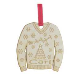 Personalised Engraved Wooden Christmas Decoration With Ribbon 6 Designs Jumper Pudding Bauble Bunny Rabbit Unicorn Train Dog Paw - thumbnail 1