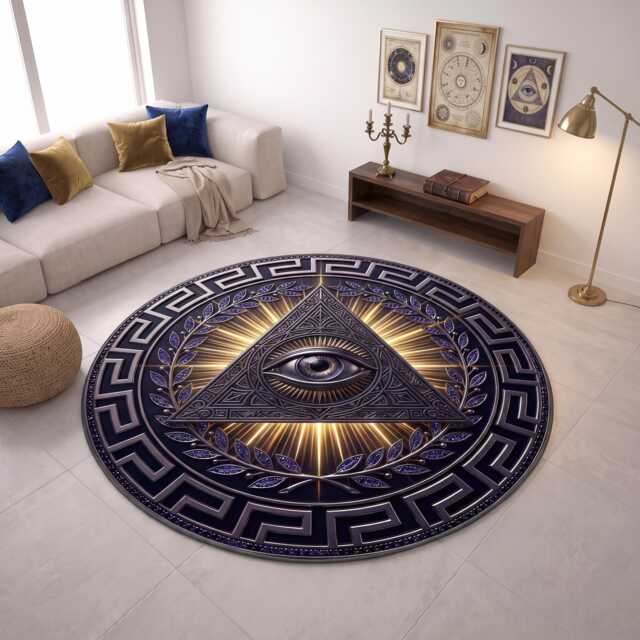 Gothic Raven & Hourglass Round Rug, Greek Border Luxury Dark Academia Washable Room Decor - image 1