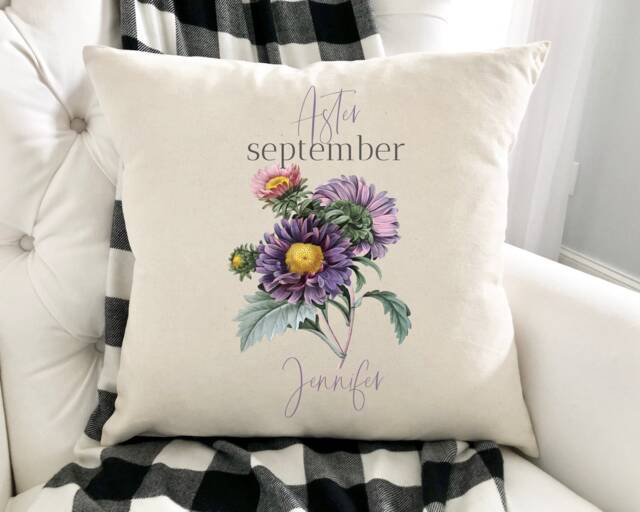 Personalised Birth Flower Cushion/September Aster Floral Design Birthday Gift 30Th, 40Th, 50Th, 60Th, 70Th Gift For Her - image 1