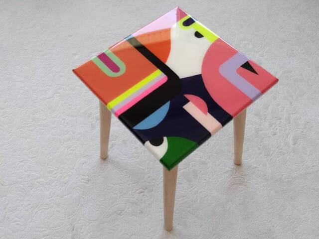 Small Pink Orange Hand Painted Epoxy Resin Side Art Coffee Table - image 1