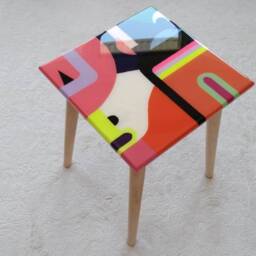 Small Pink Orange Hand Painted Epoxy Resin Side Art Coffee Table - thumbnail 3