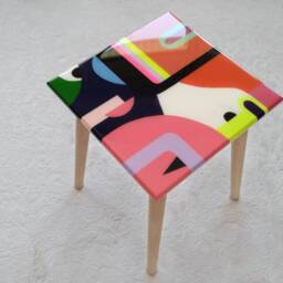 Small Pink Orange Hand Painted Epoxy Resin Side Art Coffee Table - thumbnail 2