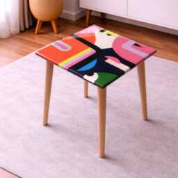Small Pink Orange Hand Painted Epoxy Resin Side Art Coffee Table - thumbnail 4