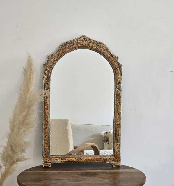 Moroccan Oriental Mirror With Cow Bone Frame - Arched Door-Shaped Handmade Wall Decor - image 1