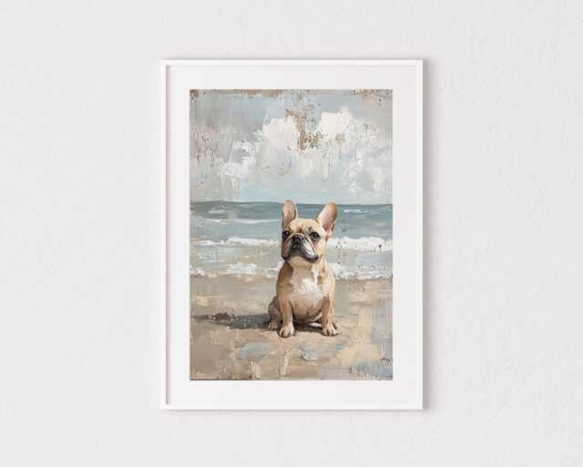 Fawn French Bulldog Beach Wall Art Print in Textured Oil Painting Style, Owner Gift Idea, Memorial Portrait - image 1