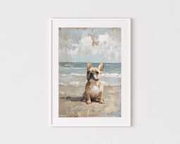 Fawn French Bulldog Beach Wall Art Print in Textured Oil Painting Style, Owner Gift Idea, Memorial Portrait - thumbnail 1
