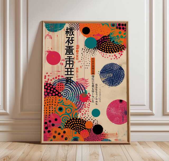 Japanese Retro Pop Art Poster, Abstract Wall Print, Colorful Mid Century Modern Design With Circles, Funky Asian Style Home Decor - image 1