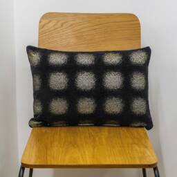 Zaffiro Metallic Chenille Boudoir Cushion. Made With Genuine Lurex. Deep Black & Pewter Geometric Dot Print. 17x12