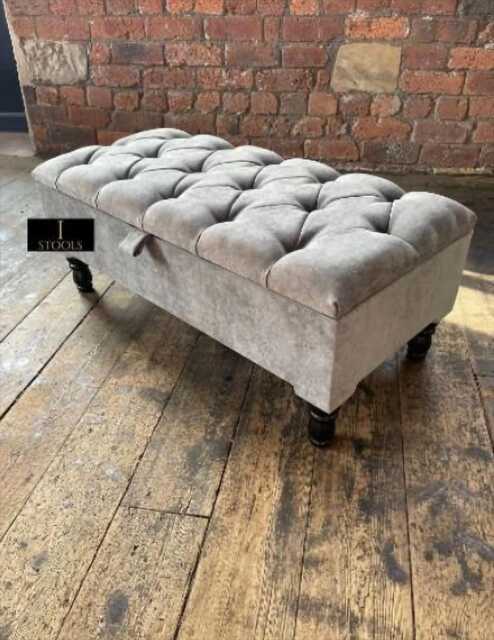 Silver Velvet Ottoman Storage Bench, Handmade Chesterfield Footstool - image 1