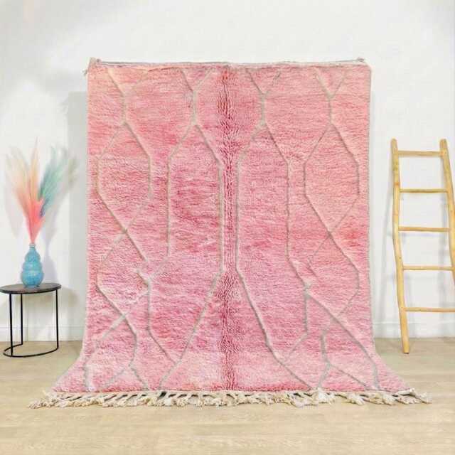 Moroccan Pink Berber Rug, Handwoven Wool Shag Rug With Geometric Diamond Lattice, Authentic Beni Ourain Style Carpet, Large 9x12 Area - image 1