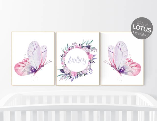 Butterfly Nursery Wall Art Purple Pink Floral Girl Name Print - image 1