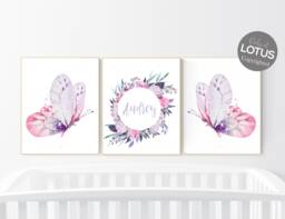 Butterfly Nursery Wall Art Purple Pink Floral Girl Name Print - thumbnail 1