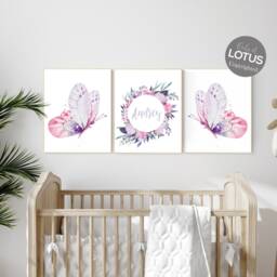 Butterfly Nursery Wall Art Purple Pink Floral Girl Name Print - thumbnail 4