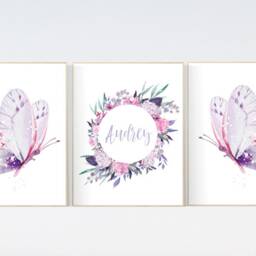 Butterfly Nursery Wall Art Purple Pink Floral Girl Name Print - thumbnail 2