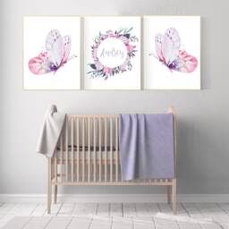 Butterfly Nursery Wall Art Purple Pink Floral Girl Name Print - thumbnail 3
