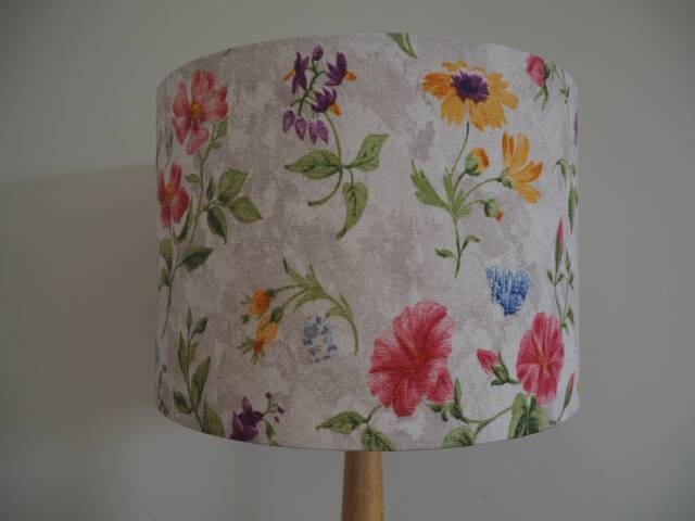 Garden Flowers Lampshade Red Blue Yellow Flowers On Grey Fabric Handmade Drum Lamp Shade Various Sizes Ceiling Pendant Or Table Floor - image 1