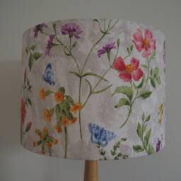 Garden Flowers Lampshade Red Blue Yellow Flowers On Grey Fabric Handmade Drum Lamp Shade Various Sizes Ceiling Pendant Or Table Floor - thumbnail 3
