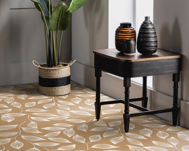 Lineart Boho Decorative Leaves Vinyl Flooring, Beige Abstract Decor, Brown Custom Plant Easy To Clean Linoleum in Roll - image 1