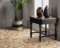 Lineart Boho Decorative Leaves Vinyl Flooring, Beige Abstract Decor, Brown Custom Plant Easy To Clean Linoleum in Roll