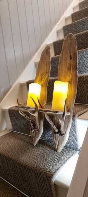 Extra Large Pair Of Handmade Solid Oak & Real Roe Deer Antler Sconces .candles Not Included - image 1