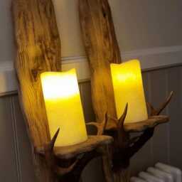 Extra Large Pair Of Handmade Solid Oak & Real Roe Deer Antler Sconces .candles Not Included - thumbnail 3