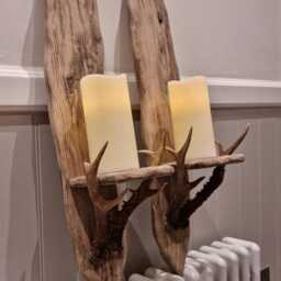 Extra Large Pair Of Handmade Solid Oak & Real Roe Deer Antler Sconces .candles Not Included - thumbnail 2