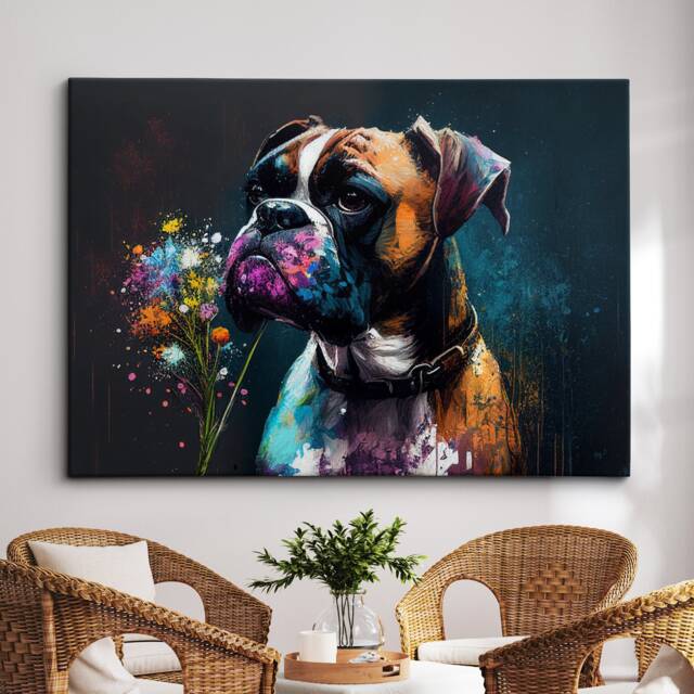 Boxer With Flowers Dog Pet Abstract Modern Oil Painting Wall Art, Framed Canvas Poster Print, Home Kitchen Office Room Decor, Gifts - image 1