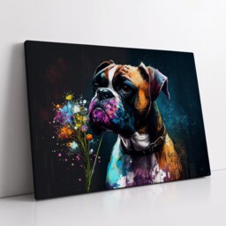 Boxer With Flowers Dog Pet Abstract Modern Oil Painting Wall Art, Framed Canvas Poster Print, Home Kitchen Office Room Decor, Gifts - thumbnail 2