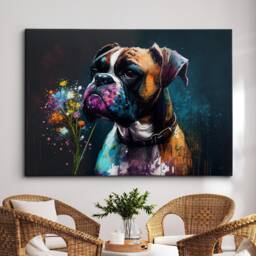 Boxer With Flowers Dog Pet Abstract Modern Oil Painting Wall Art, Framed Canvas Poster Print, Home Kitchen Office Room Decor, Gifts - thumbnail 1