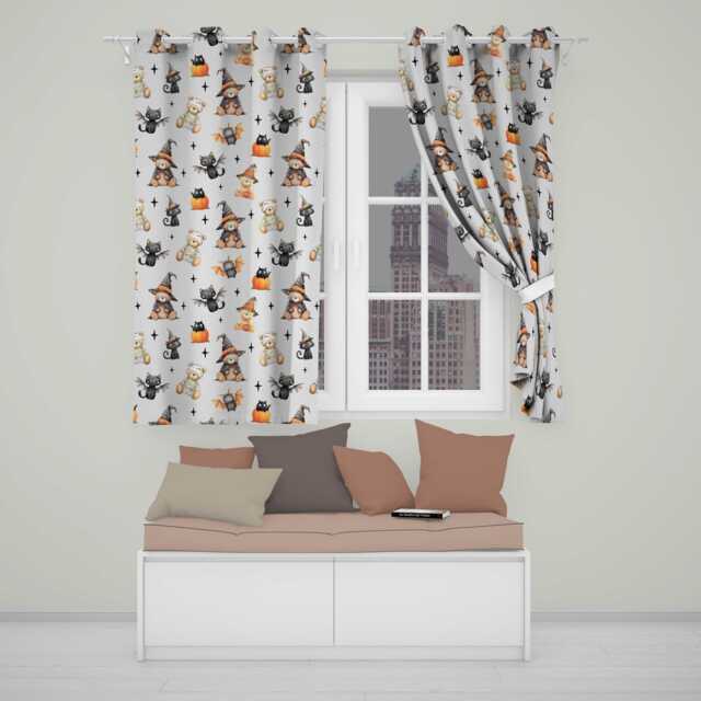 Halloween Teddy Bear Witch Cat Bat Pumpkin Seamless Pattern Soft Lilac Readymade Eyelet Ring Top Thermal 100% Blackout Curtains - image 1